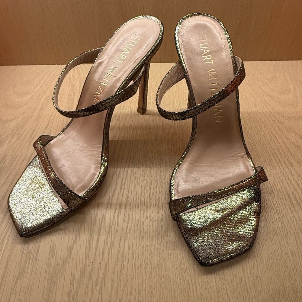 Stuart Weitzman Gold Strappy Women's Aleena High-Heel Slide Sandals size 8.5